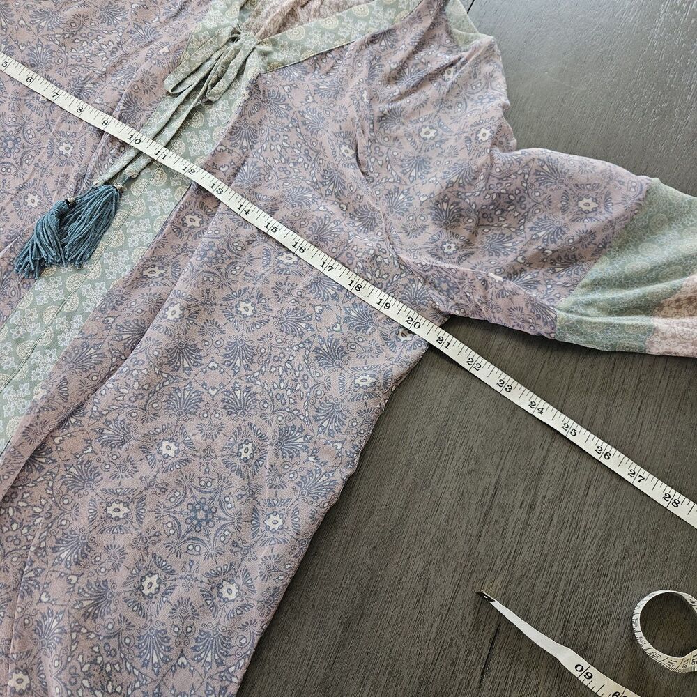 GYPSY Sz L Mauve Pink Green Floral Patchwork SILK SHEER PEASANT BLOUSE Tassels - Picture 8 of 8